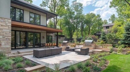 Modern house backyard patio with stonework, grill, and seating area. Perfect for showcasing luxury home design, outdoor living, and landscaping.