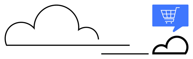 Two black outlined clouds connected with lines. Blue speech bubble with shopping cart icon. Ideal for digital commerce, online shopping, cloud services, e-commerce platforms, business solutions, data