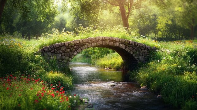 A simple stone bridge in a peaceful countryside setting, crossing over a small creek surrounded by wildflowers