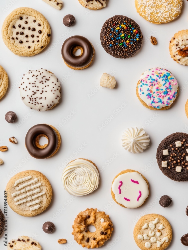 Poster a variety of colorful cookies and sweets are artfully displayed on a white background, leaving room 