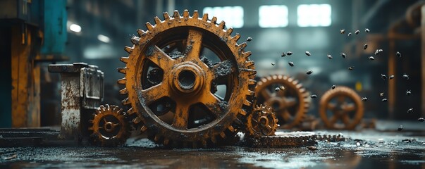 Rusty, broken gears in a dusty mechanical workshop, swarmed by digital bugs, signifying obsolete programming languages, dark and moody tone