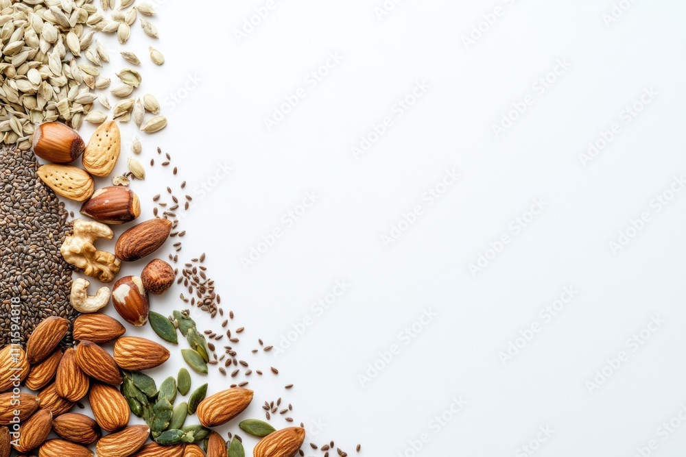 Aufkleber Various organic seeds, nuts, and herbs laid out on a white surface with ample empty space for adding text or marketing content. Generative AI