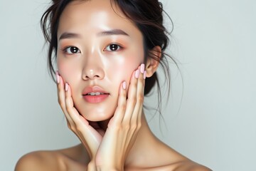 Elegant Asian woman touching her face with perfectly manicured hands, showcasing flawless skin and natural beauty, ideal for skincare, beauty, and wellness concepts.