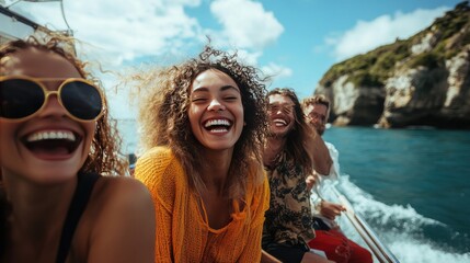 Group of friends laughing and taking photos on a ferry ride with island views in the distance sense of adventure and excitement on the open water