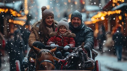 Family enjoying a carriage ride through an old town center with festive decorations and local vendors vibrant, lively atmosphere for a fun tour
