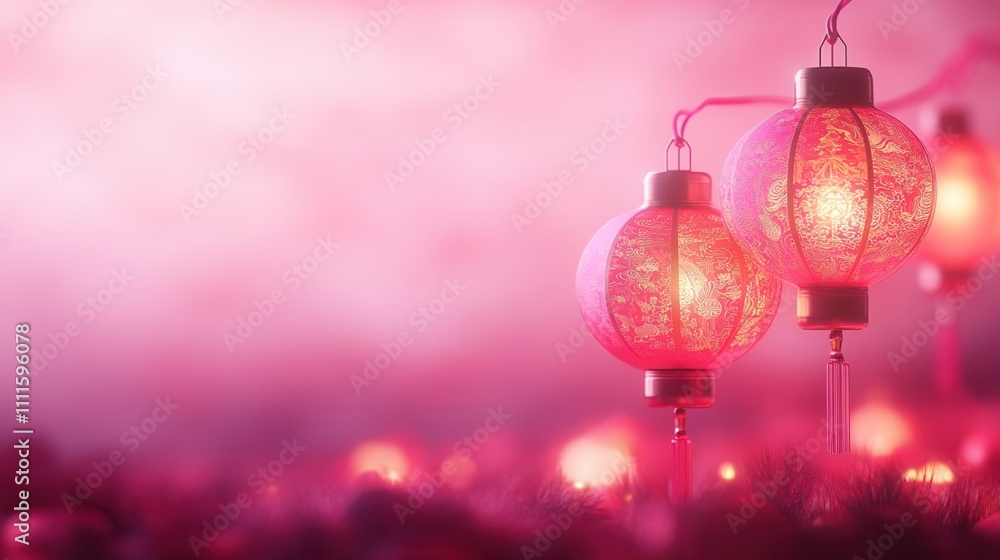 Poster a serene scene featuring illuminated pink lanterns against a hazy background, creating a warm and in
