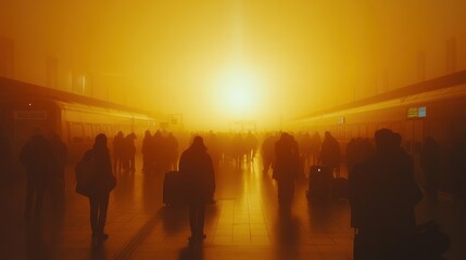 Fototapeta premium Train station at sunrise with travelers waiting on the platform foggy atmosphere and golden light creating a timeless feeling of anticipation