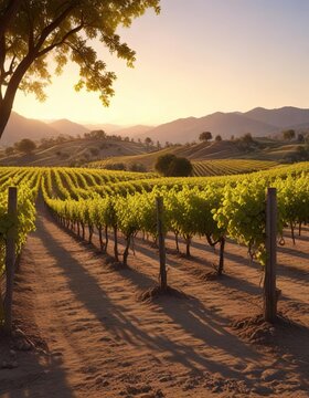 Golden light illuminates a Napa Valley vineyard at dusk, sunset, farm, napa valley