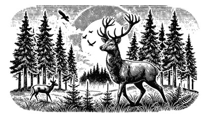 deer with antlers in a forest sun moon engraving black and white outline