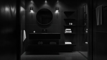 Fototapeta premium Modern Dark Bathroom Interior Design in Monochrome