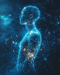 A neural network intertwined with human figures in harmonious poses, representing the balance of empathy and intellect, vibrant and futuristic