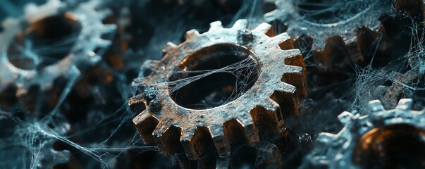 A pile of rusty gears entangled with cobwebs, representing outdated programming languages plagued by bugs, detailed metallic textures, dark and gritty atmosphere