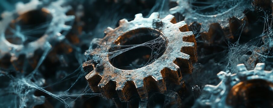 A pile of rusty gears entangled with cobwebs, representing outdated programming languages plagued by bugs, detailed metallic textures, dark and gritty atmosphere