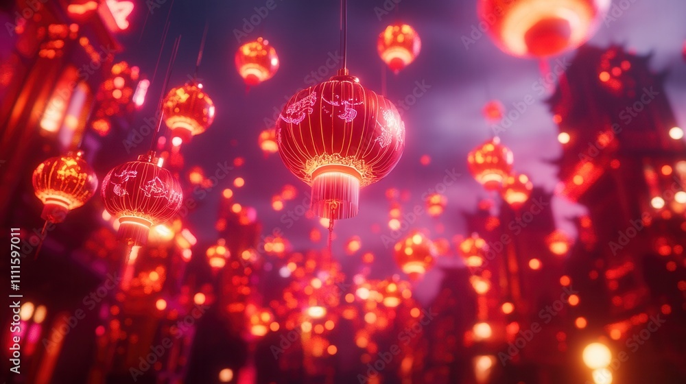 Poster a vibrant scene of floating red lanterns illuminating a cityscape, creating a magical atmosphere aga
