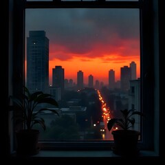 Vista nocturna de la ciudad desde una ventana de un edificio