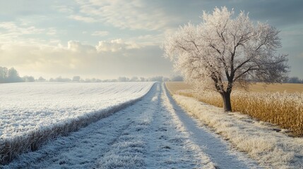 Obraz premium A split-season landscape with warm summer hues merging into the cold whites of winter under soft light