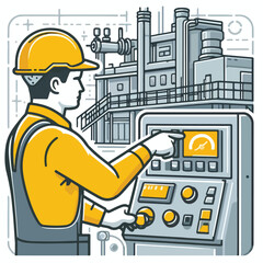 A worker in a yellow hard hat operates a  in an industrial setting.  The background includes machinery and control panels. Vector illustration icon  on a white background 