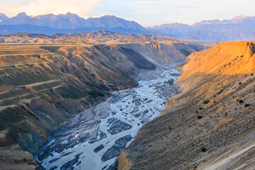 Spectacular Anjihai Grand Canyon natural landscape at sunrise in Xinjiang. Famous earthquake fault...