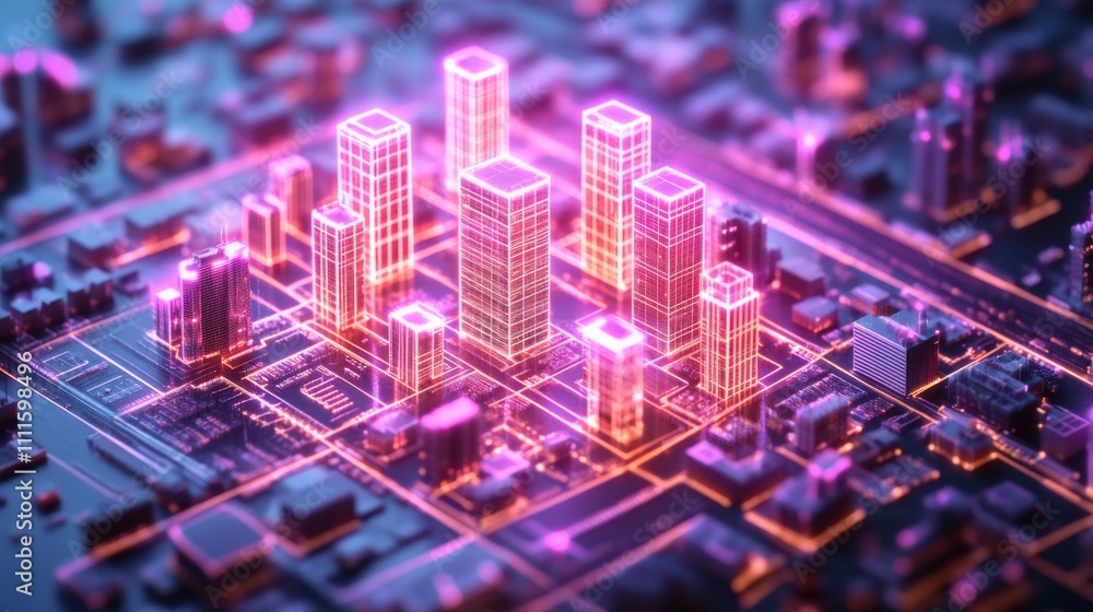 Poster glowing digital twin of city with ai powered elements and structures