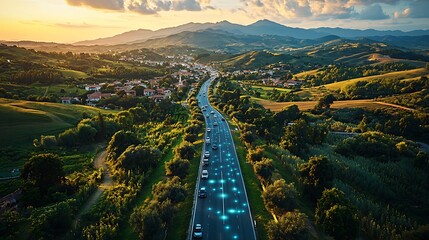 Drone image capturing the network of roads linking small towns in a valley surrounded by green hills (focus on, rural development, vibrant, overlay, rolling hills backdrop) 