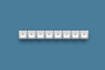 3D illustration of text defences on a 3D keyboard button with a shadow on a blue background