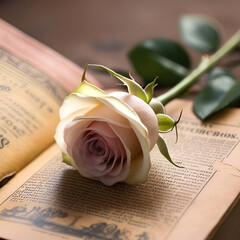 A rose lying on an open antique book, creating an atmosphere of romance and nostalgia.
