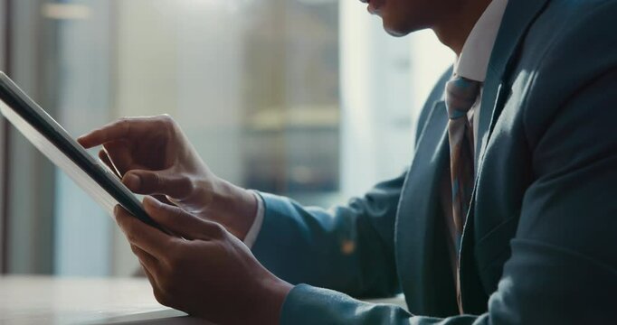 Typing, tablet and hands of business man in office for website, research and online project. Corporate, professional and worker on digital tech for financial planning, budget proposal and networking