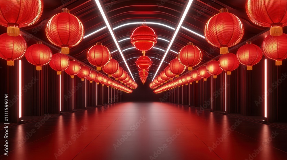 Poster a vibrant passageway adorned with glowing red lanterns, creating a festive and enchanting atmosphere
