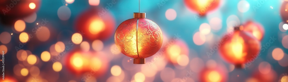 Poster a vibrant display of glowing red lanterns against a blurred background, creating a festive and encha