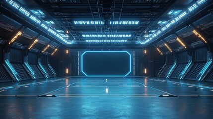 Futuristic hangar with glowing blue neon; clean, sleek design. Ideal backdrop for sci-fi, technology, or gaming projects; easily customizable.