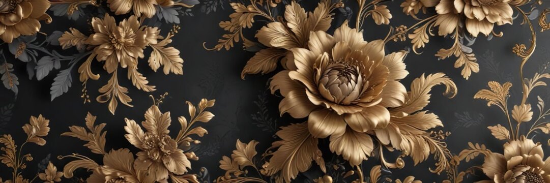 Luxurious charcoal grey floral wallpaper with intricate golden accents, high end interior design, elegant accent wall, luxury home decor