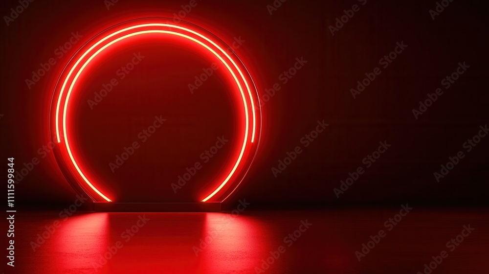 Poster a glowing red circular neon light against a dark background, creating a striking visual effect.