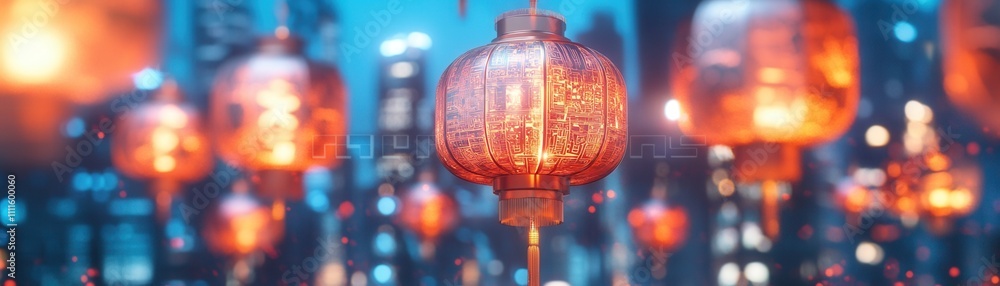 Poster a vibrant display of illuminated lanterns in various colors, creating a festive and enchanting atmos