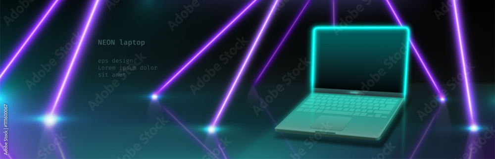 Poster neon laptop and laser beams on black background. vector realistic illustration of turquoise computer