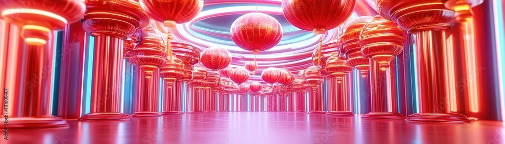 Poster a vibrant, futuristic corridor adorned with glowing red lanterns and illuminated pillars, creating a