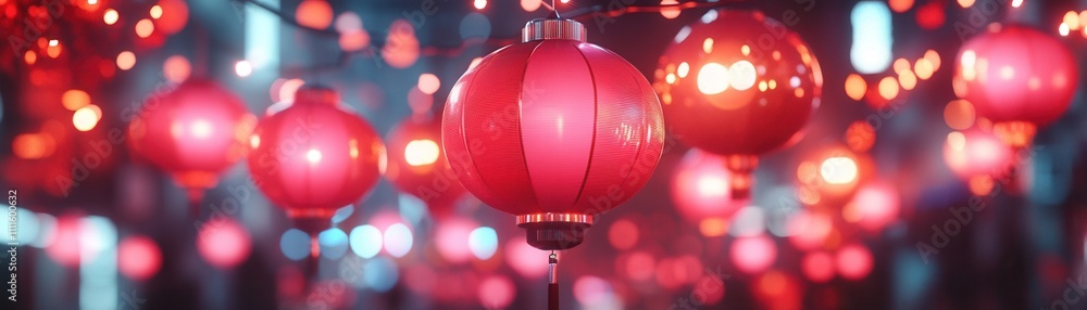 Poster a vibrant display of red lanterns, glowing softly in a festive atmosphere, creating a warm and invit