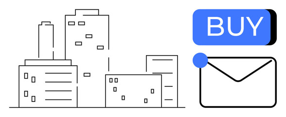 Modern city buildings alongside an envelope icon and a blue BUY button. Ideal for urban development, real estate, digital marketing, online shopping, communication, e-commerce, and financial services