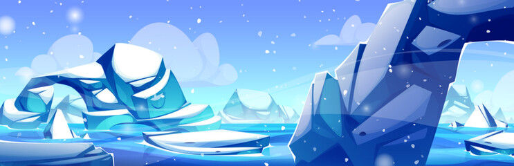 Nordic sea landscape with iceberg and glacier. Vector cartoon illustration of arctic scenery, blue ice rocks, white snow, cold ocean water and frozen sky, antarctic nature background, north pole