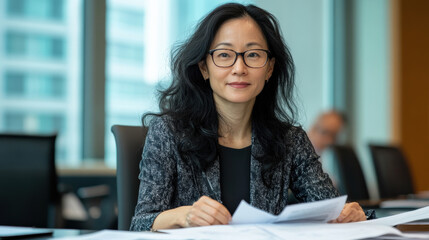 An Asian woman sits at a large conference table, negotiating a business deal with a partner, both reviewing important documents