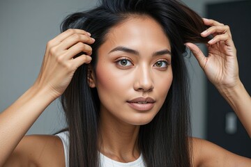 Fototapeta premium Closeup of a Multicultural Young Woman Grooming Her Hair, Highlighting Striking Beauty and Recent Hair Loss