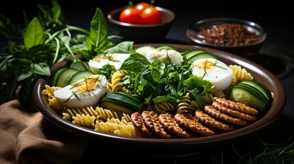  pasta. Fusilli with meatballs, cucumber and basil on dark background  