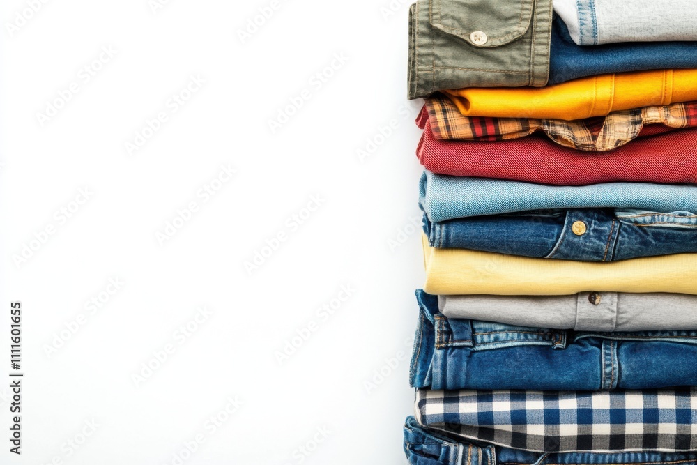 Poster colorful shirts and pants are neatly stacked on a white surface, offering a clean look with space fo