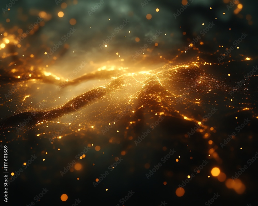 Poster abstract background of golden particles in a dark space with blurred lights.