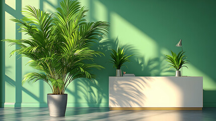 Obraz premium Sunlit interior with potted plants and modern console table against a green wall.