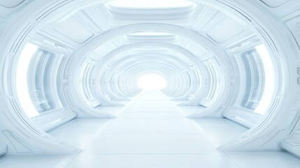 Fototapeta premium A futuristic, bright corridor with smooth, white walls and ambient lighting, leading to a glowing exit point.