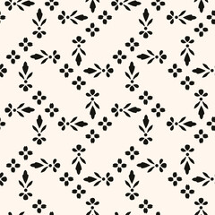 Simple minimalist floral pattern. Minimal seamless texture with small flower shapes. Abstract black and white geometric background. For print, package