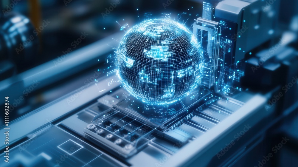 Poster a digital globe with a futuristic design appears above a machine, symbolizing technology and connect