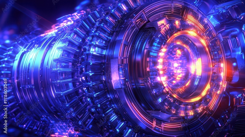 Poster a vivid, futuristic depiction of a complex, illuminated mechanical structure, showcasing intricate d