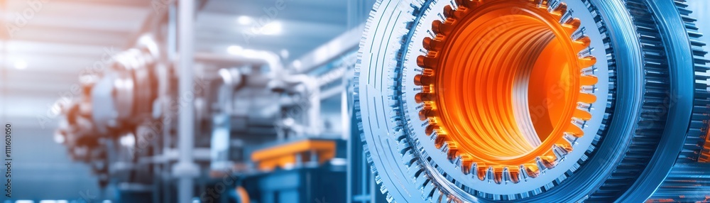 Poster a close-up of industrial machinery showcasing intricate gears and components, emphasizing the blend 
