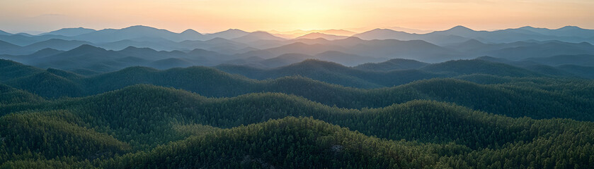 Fototapeta premium Sunset over rolling hills and forested mountains.